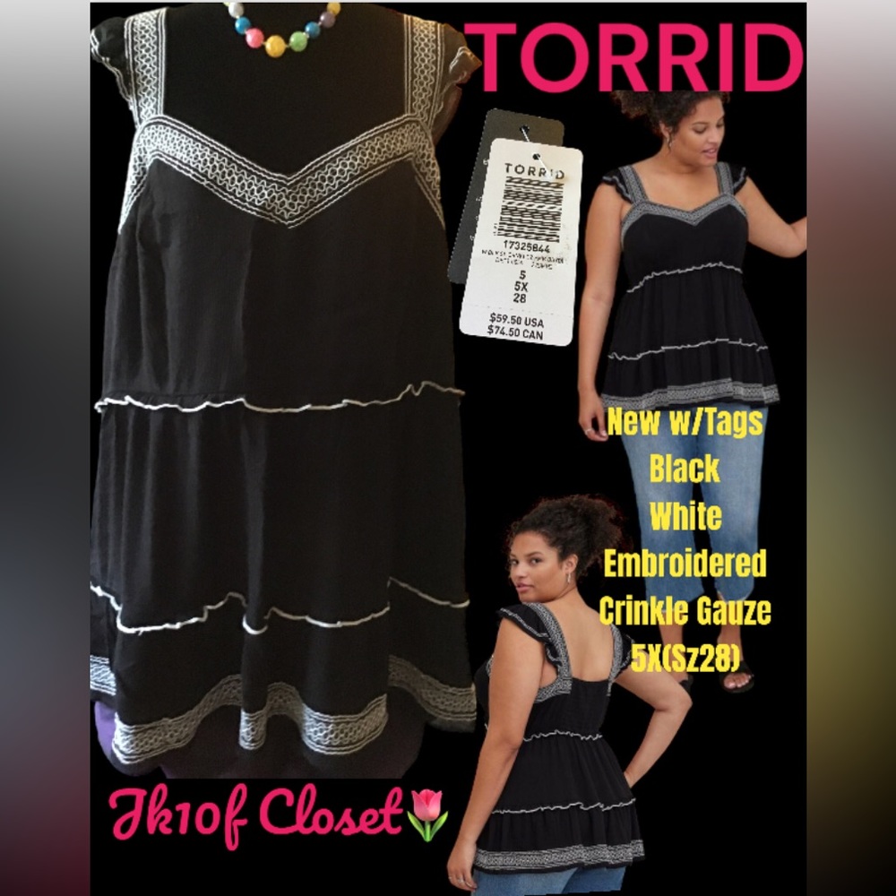 LOWEST🌺 NWT TORRID 5X EMBROIDERED BLACK BABY DOLL TOP